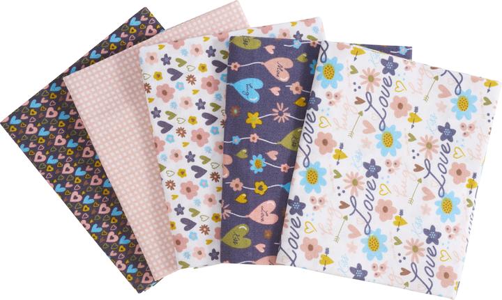 Stafil Paquet de tissus Patchy "Hearts and Flowers", set de 5, 5 designs à 45 x 55 cm