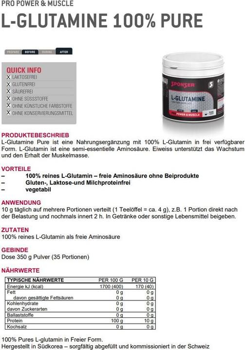 Nährwerte und Zutaten Sponser L-Glutamin (1 Stück, Pulver, 350 g)