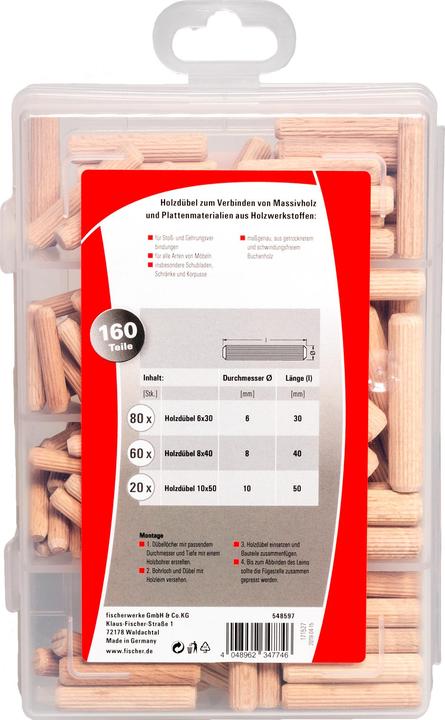 Produktbild Fischer Praktische Helfer Leimen & Verbinden, Sortimentbox mit 160 Holzdübeln, Set für sichere Verbi (1 Stk.)