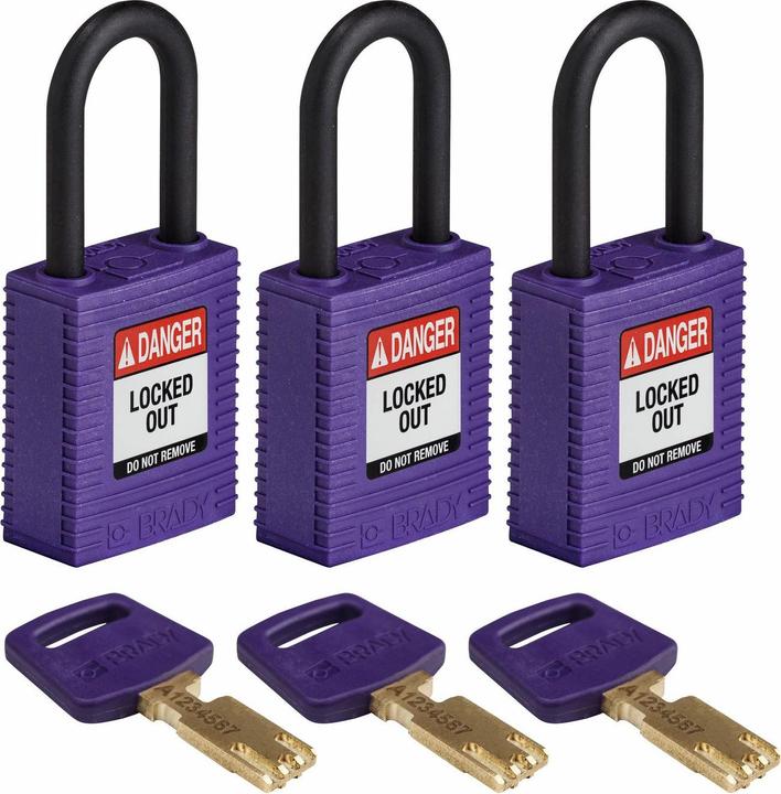 Actual product image Brady Safekey nylon safety lock with nylon shackle, purple, 38 mm shackle height, 6.4 mm shackle diameter