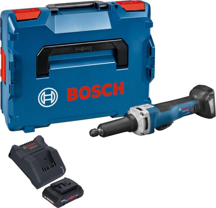 1x Bosch GGS 18V-23 PLC Professional cordless straight grinder, 1x Bosch ProCORE 18 V 4.0 Ah Professional Li-Ion battery pack, 1x Bosch GAL 18V-20 cordless charger 10.8 - 18 V 2 A, 1x open-end spanner 19 mm, 1x open-end spanner 13 mm, 1x collet chuck with clamping nut 6 mm