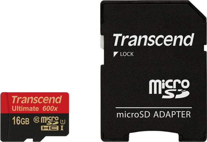 Actual product image Transcend microSDHC Ultimate 600x with adapter (16 GB, microSDHC, U1, UHS-I)