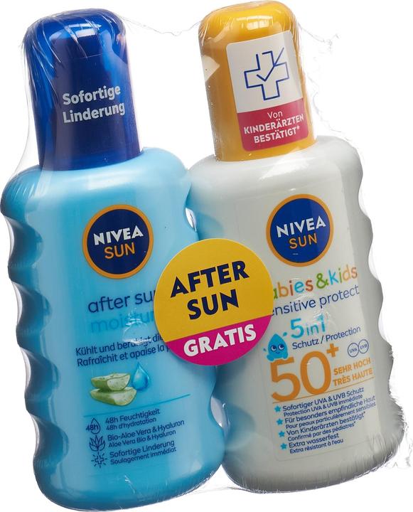 Actual product image NIVEA Mixpack Kids Sensitive Spray SPF50 400ml +After Sun Spray (Sun spray, SPF 50, 400 ml, 458 g)