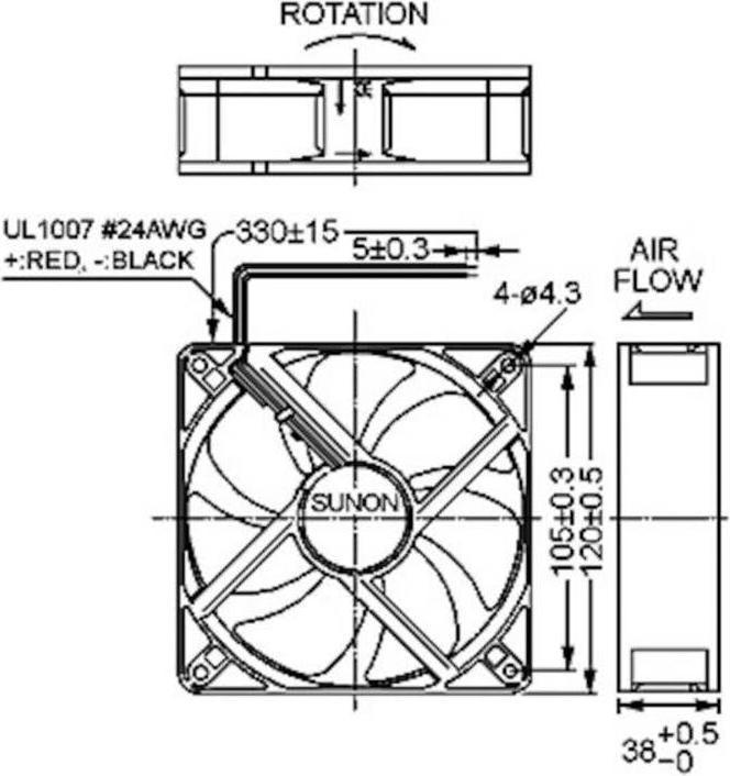 Actual product image Sunon EEC0381B2-000U-A99 Axial fan 12 V/DC 197.03 m³/h (L x W x H) 38 x 120 x (120 mm)