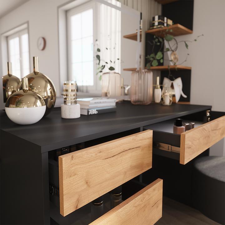 Actual product image Vicco Dressing table Sherry, Anthracite/golden oak, 120 x 75 cm with LED mirror and stool (120 x 75 x 55 cm)