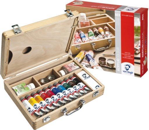 Immagine prodotto Van Gogh Scatola di legno colori acrilici Basic (Bianco, Giallo scuro, Giallo, Verde, Blu, Rosa, Nero, Rosso, Marrone, Blu scuro, 175 ml)