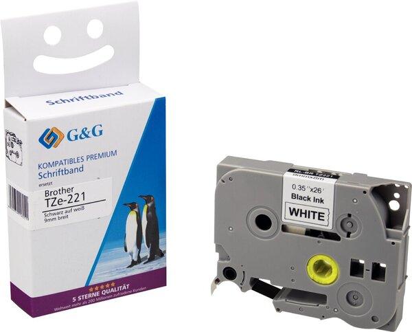 Produktbild G&G Schriftband 9mm x 8m sw-ws Komp. m. Brother TZe-221 (0.90 cm, Weiss)