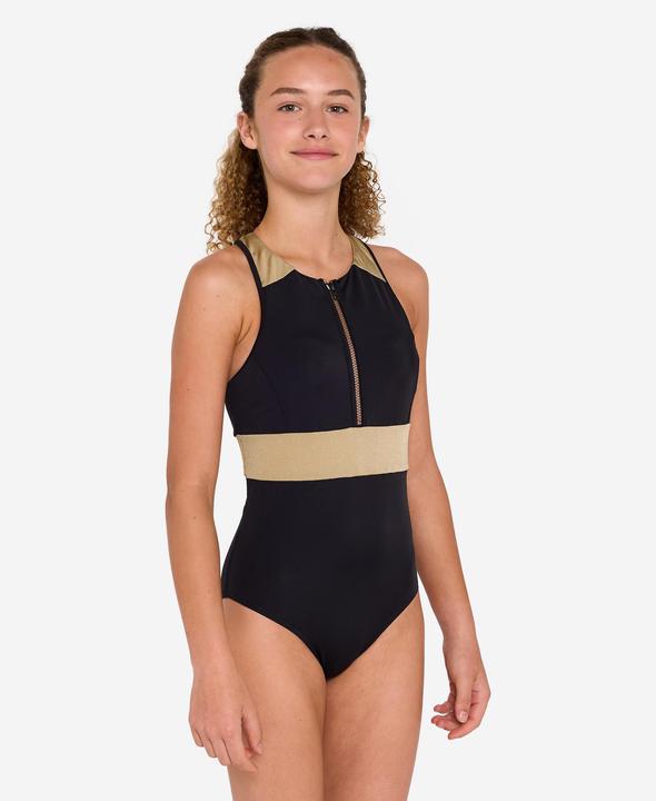 Produktbild Olaian Badeanzug Mädchen Y-Rückenform Frontreissverschluss 900 Calysta schwarz (14, 15, 16)