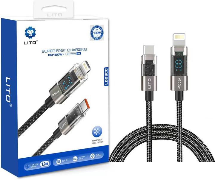 Immagine prodotto Lito - Data Cable (LD09) - Lightning to Type-C, 100W High Speed Charging, LED Display, 1.2m - Black (1.20 m, USB 3.2 Gen 1, 100 W)
