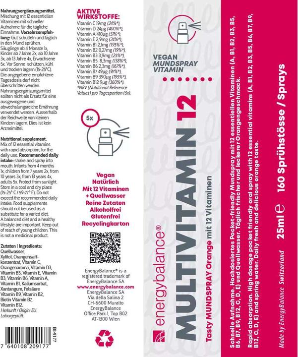Nutritional values and ingredients Energybalance Multivitamin 12 (1 Piece, Spray)