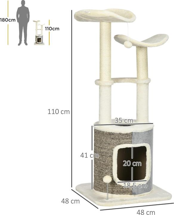 Actual product image PawHut Scratching post with cat cave, two platforms, plush cover, cream white, 48x48x110cm (110 cm, Cream white)