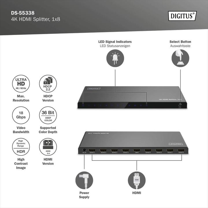Image du produit Digitus Répartiteur HDMI 4K, 1x8
