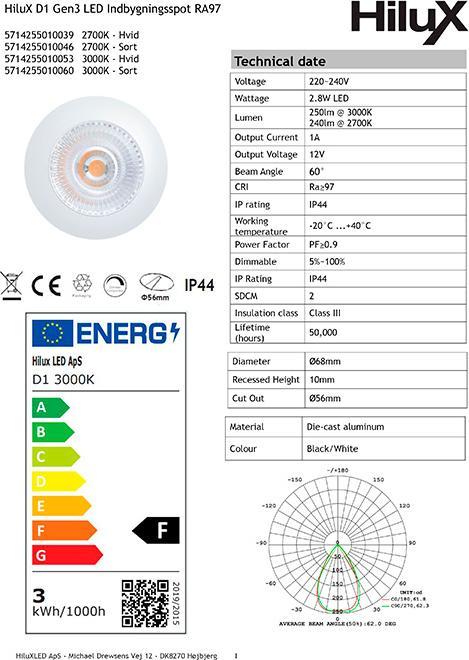 Immagine prodotto HiluX D1 Gen3 - Lampada a LED a spettro completo - 2,8W - Ra97 2700K - Hvid