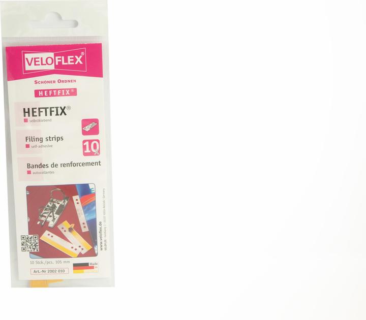 Produktbild Veloflex Heftstreifen Heftfix®, selbstklebend transparent, Länge: 105 mm, Lochabstand: 60 und 80 mm, 10 Stück