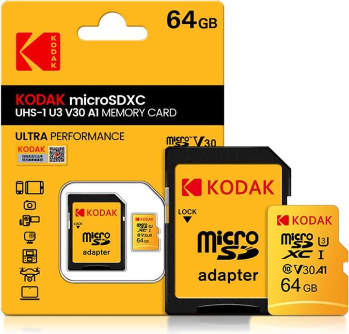 Actual product image Kodak mSD 64GB UHS-I U3/V30/A1 w/a (64 GB, microSDXC, U3, UHS-I)