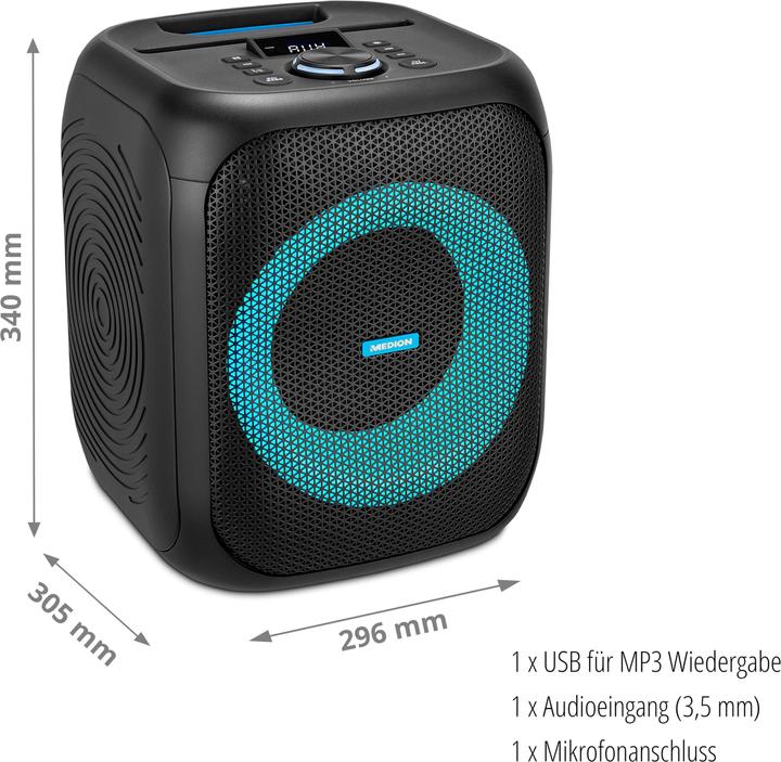 Produktbild Medion LIFE® S61991 Partylautsprecher, tragbares Bluetooth®-Soundsystem. Bluetooth® 5.0 für kabellose Musik (3 h, Akkubetrieb, Netzbetrieb)