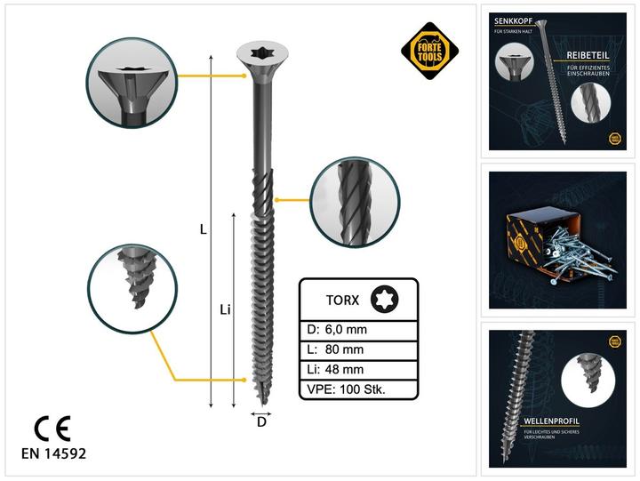 Immagine prodotto Forte tools TRUCIOLATO SCR T30 6,0X80/48 BIANCO ZN(100 (100 Viti per pezzo)