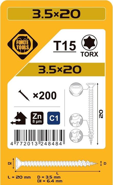 Actual product image Forte tools CHIPBOARD SCR T15 3.5X20 WHITE ZN(200) (200 Screws per piece)