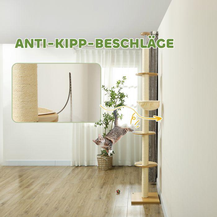 Produktbild Swisshandel24 Kratzbaum, Katzenkratzbaum Deckenhoch, 230-250 cm, Höhenverstellbar, Kippschutz (250 cm, Eiche+Cremeweiss)