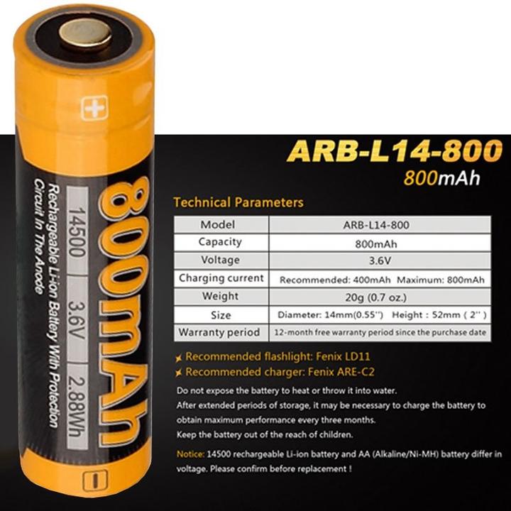 Actual product image Fenix Akku 14500 Mignon AA 3,6 Volt mit Schutzelektronik ARB-L14-800