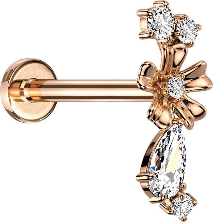 Star Piercing Micro Labret Innengewinde rosegold Blume vier Kristalle und Kristalltopfen silber (Messing, Chirurgenstahl 316L)