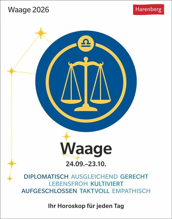 Produktbild Harenberg Waage Sternzeichenkalender 2026 - Tagesabreisskalender - Ihr Horoskop für jeden Tag (Harter Einband, Deutsch)
