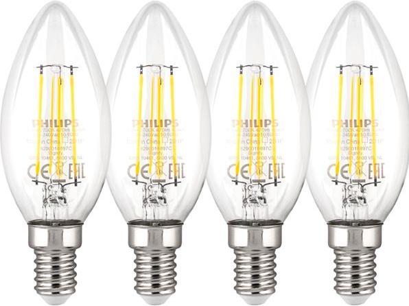 Produktbild Philips LED Lampe E14 4er Set 40W 2700K Filament Kerzenform (E14, 4.30 W, 470 lm, 4 x, F)