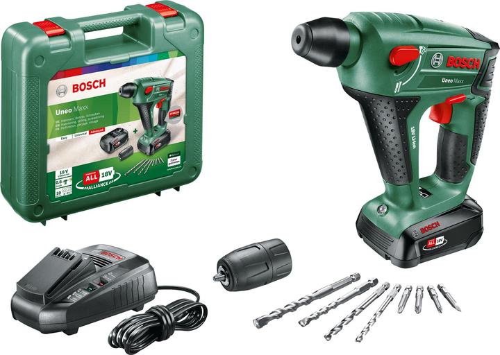 1 battery, 1 x charger, 4 screwdriver bits, Suitcase, Round shank adapter, SDS-Quick Drill, Hexagonal drill bit