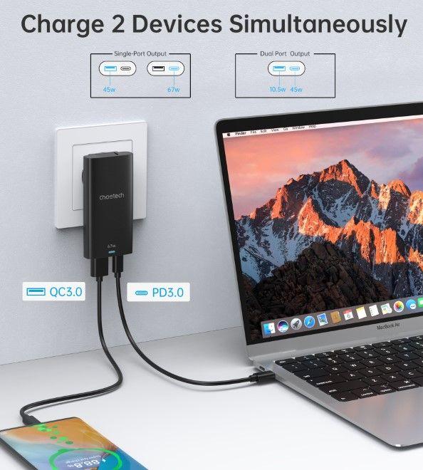 Productafbeelding Choetech USB-C en USB-A GaN snelle oplader (65 W)