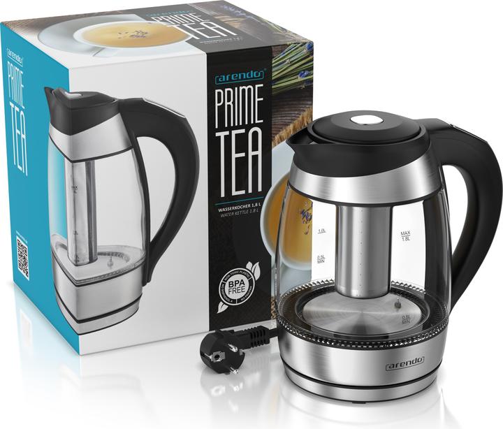 Produktbild Arendo Wasserkocher 1,8 L aus Glas & Edelstahl mit Temperatureinstellung & Teesieb, Teekocher 2200 W (1.80 l)