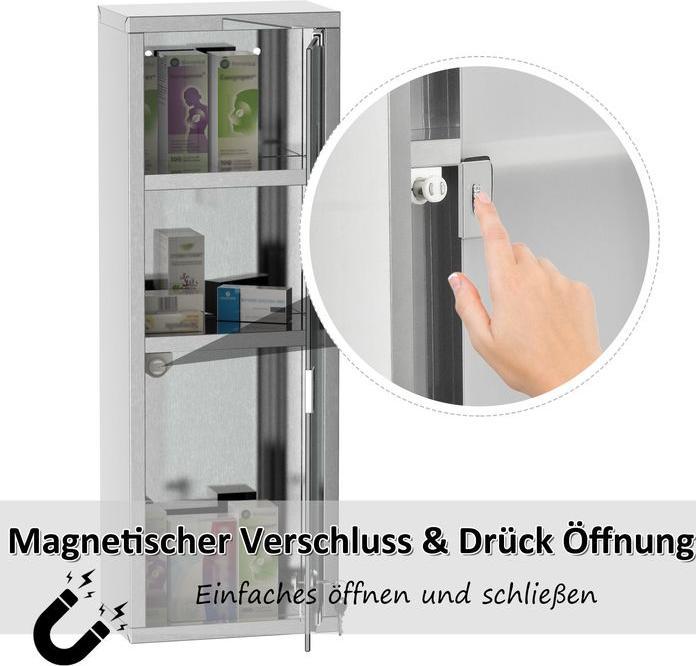 Produktbild Swisshandel24 Medizinschrank Arzneischrank Erste-Hilfe-Schrank mit Schloss 3 Fächer Mattglas 430 Edelstahl+gehärte (20 x 12 x 58 cm)