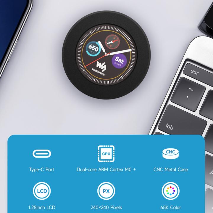 Produktbild WaveShare RP2040 1.28Zoll LCD-Display Rund mit Alu Gehäuse