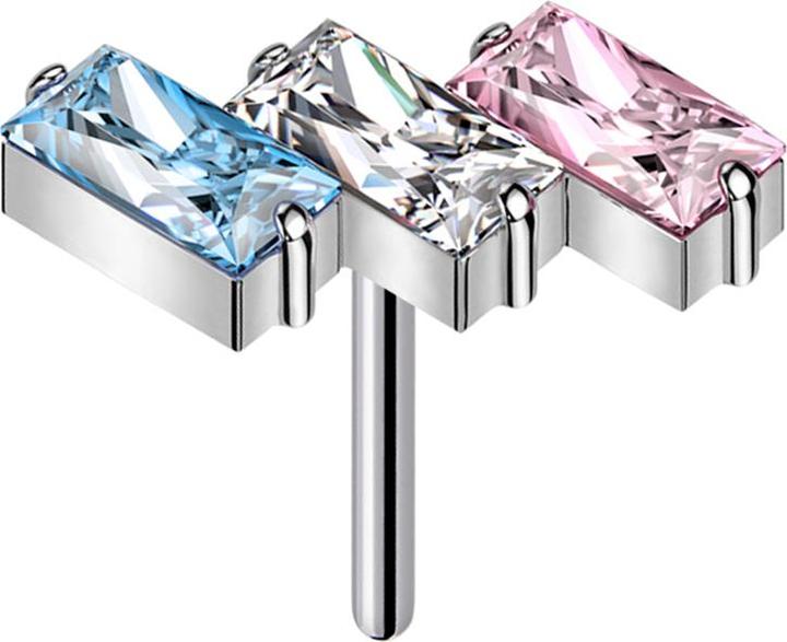 Star Piercing Threadless drei rechtecke silber Kristalle farbig (Titan G23, ohne Messing)
