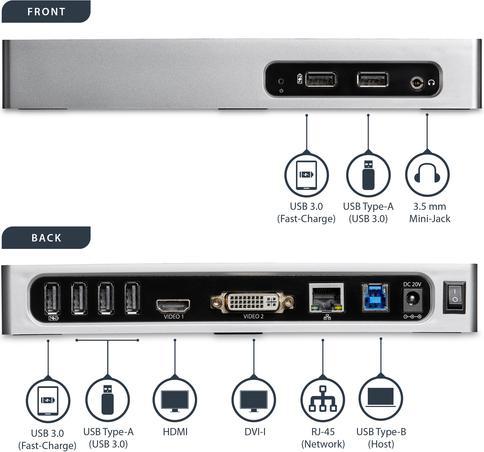 Produktbild StarTech USB 3.0 Dual Monitor Dockingstation - USB auf HDMI - USB zu VGA oder DVI - USB 3.0 Dock - Port Re... (Docking Port, 2 Ports)
