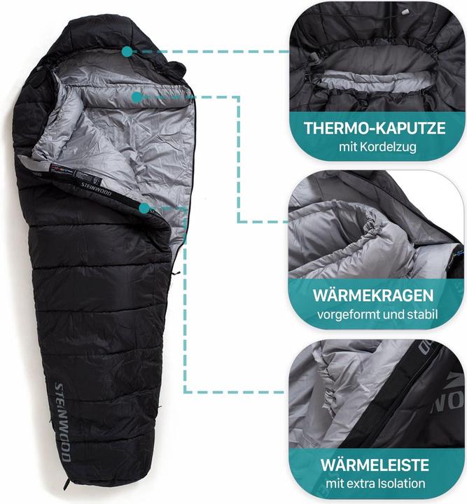 Produktbild Steinwood Premium 3-4 Season Schlafsack 210cm, Koppelbar, extra Breit, Outdoor, Anthrazit (210 cm)