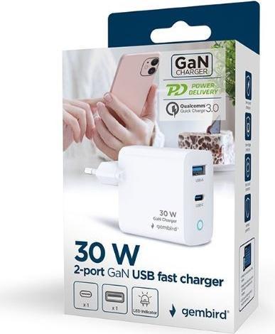 Produktbild Gembird 2 Port 30W GaN USB Schnellladegerät LED Weiss TA-UC-PDQC30L-W-01 (30 W)