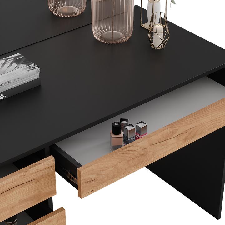 Actual product image Vicco Dressing table Sherry, Anthracite/golden oak, 120 x 75 cm with LED mirror and stool (120 x 75 x 55 cm)