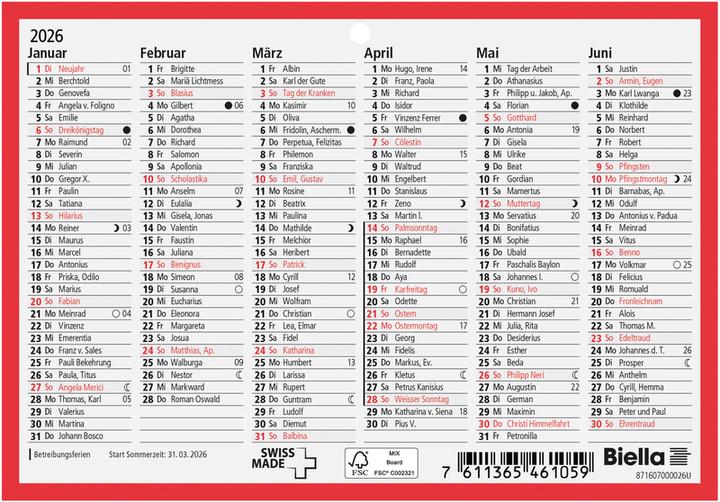 Image du produit Biella Calendrier tableau (A5, Non contraignant, Français)