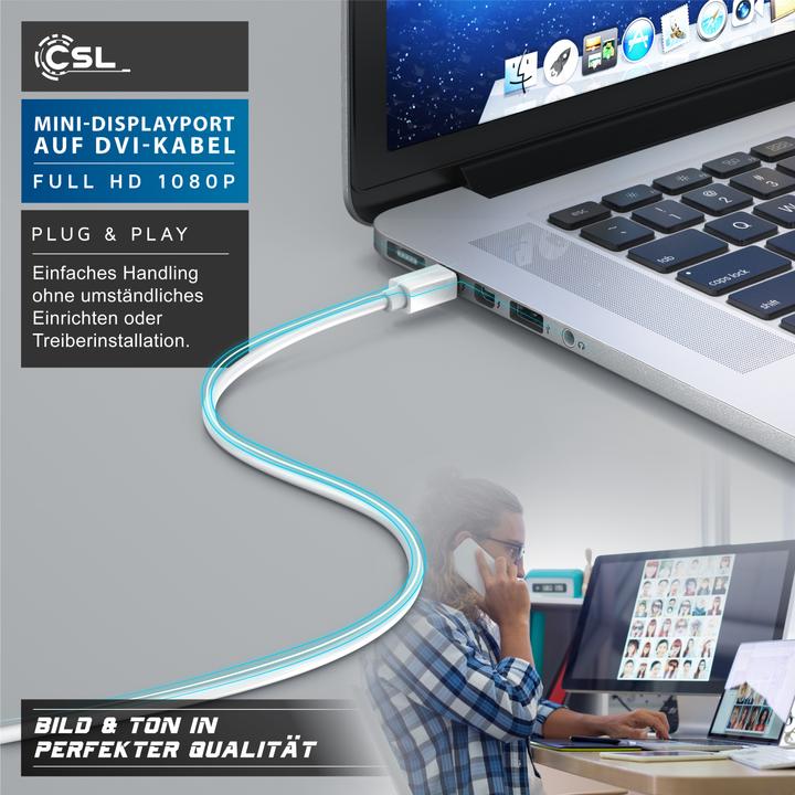 Produktbild CSL Mini DisplayPort zu DVI Video-Kabel, miniDP Monitor Adapter Kabel, für Apple, PC's & Notebooks (5 m, DisplayPort, DVI)