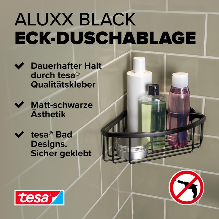 Produktbild tesa ALUXX BLACK Eck-Duschablage inkl. Klebelösung ohne Bohren (9.5 x 20.5 x 21 cm)