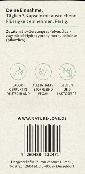 Nährwerte und Zutaten Nature Love Bio Gerstengras (90 Stück, Kapseln, 55 g)