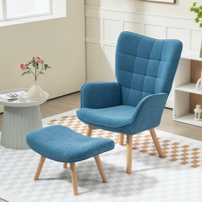 Produktbild Swisshandel24 Sessel mit Hocker, Ohrensessel mit Hoher Rückenlehne, Holzbeine, Cord, Blau