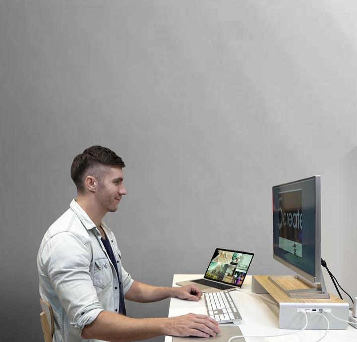 Actual product image j5Create Wood Monitor Stand With Docking (USB-C, 8 Ports)