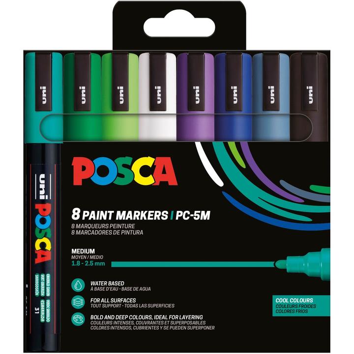 Image du produit Posca Marqueur PC-5M (Vert émeraude, Bleu foncé, Vert foncé, Blanc, Vert pomme, Violet, Gris ardoise, Noir, 2.50 mm, 8 x)
