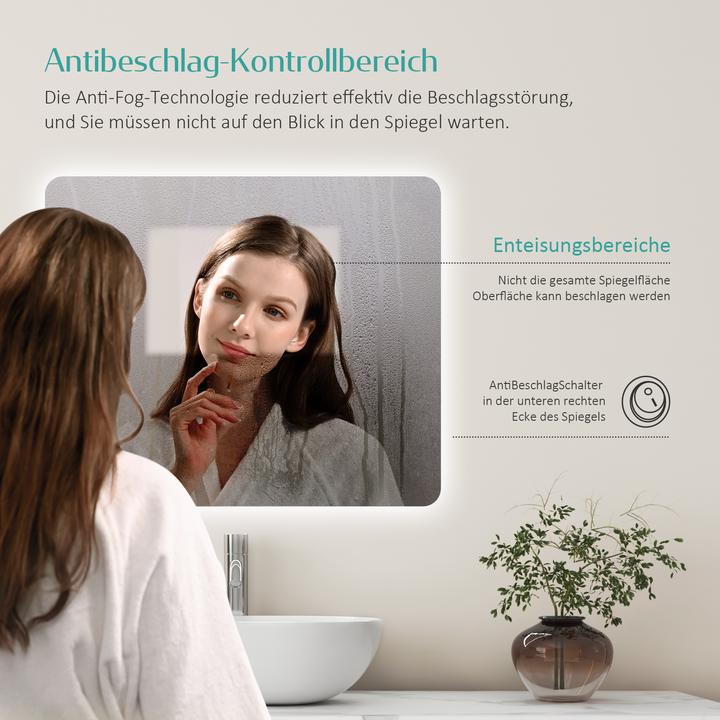 Produktbild Emke Badezimmerspiegel mit Beleuchtung 60*45cm,Beschlagfrei, 3000K/6500K,Tast Schalter