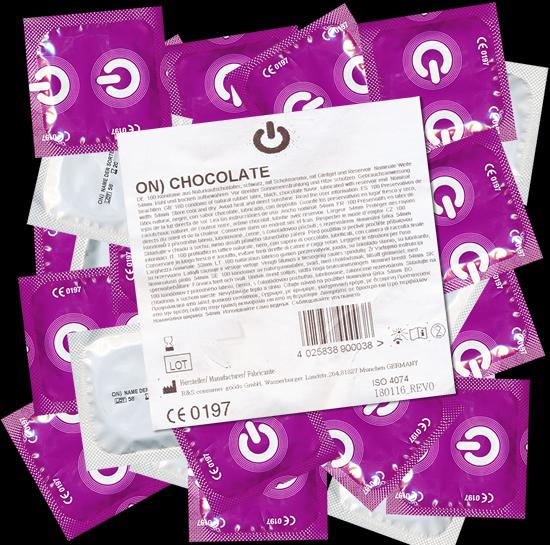 Actual product image ON) Chocolate" 100 black condoms with chocolate flavour, maxipack (100 pcs.)