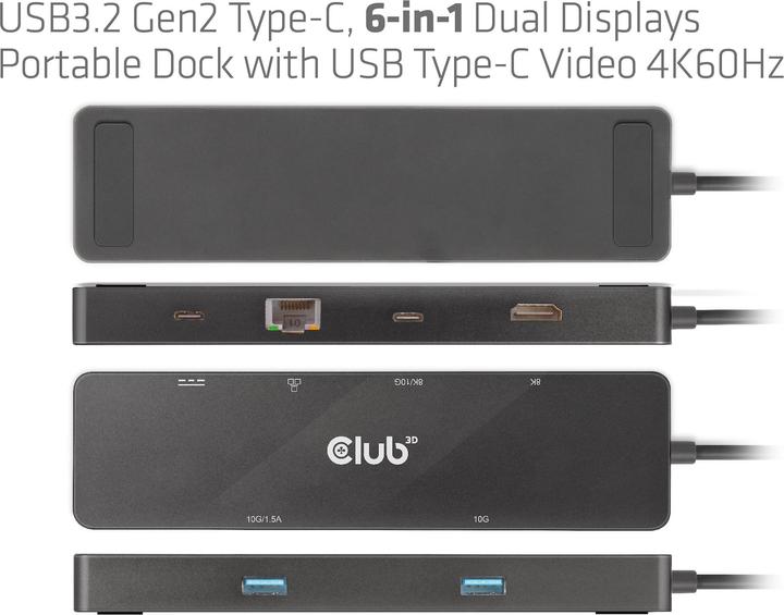 Productafbeelding Club 3D Club3D USB-C Dock > HDMI/USB-C(8K)/2xUSB/USB-C(PD100W)/RJ45 detailhandel (USB-C, 6 Havens)