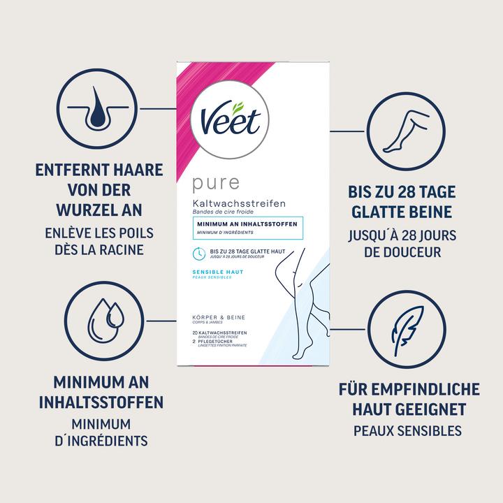 Actual product image Veet Cold wax strips sensitive skin Pure for legs & body (446.50 ml, 20 x, 45 g)