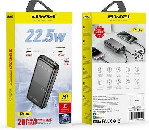 Produktbild Awei PowerBank P13K 20000mAh 22.5W czarny/black Digital Display (20000 mAh, 22 W, 22.50 Wh)
