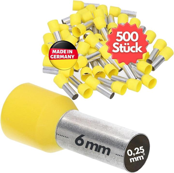 Kalitec 500 Stück AE02506GE Aderendhülsen I isoliert I Querschnitt 0,25mm² I Farbe gelb I 6mm lang I